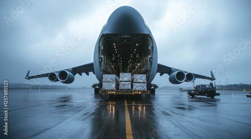 Wallpaper Mural A large cargo plane is unloading cargo on the tarmac, with an open door and many pallets of goods inside, including precision instruments Torontodigital.ca