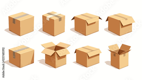 A collection of various cardboard boxes in different shapes and sizes. Ideal for packaging, shipping, and logistics branding.