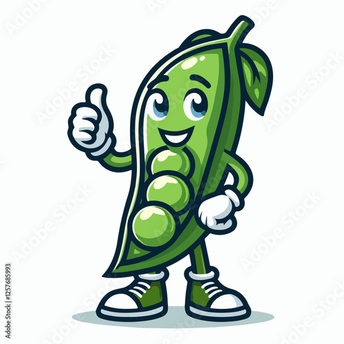 Pea-fectly Adorable: A cheerful green pea pod cartoon character gives a thumbs up, radiating positivity and good vibes.  A fun and whimsical illustration for branding, food.