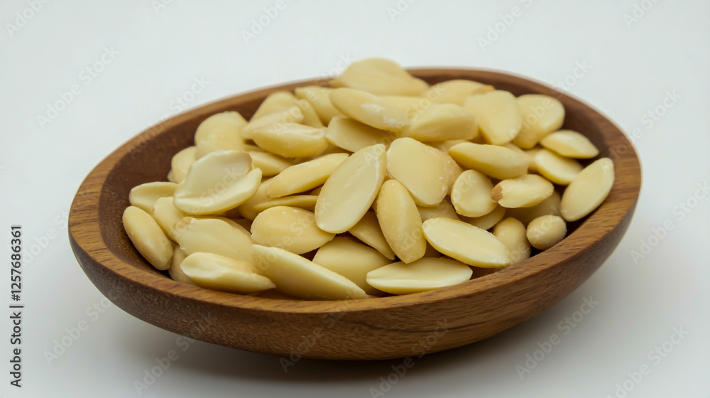 The photo shows some sliced, untitled blanched almonds a white background The photo shows some sliced, untitled blanched almonds a white background