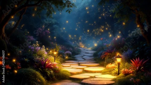Enchanted Forest Path: Firefly Lights and Stone Steps