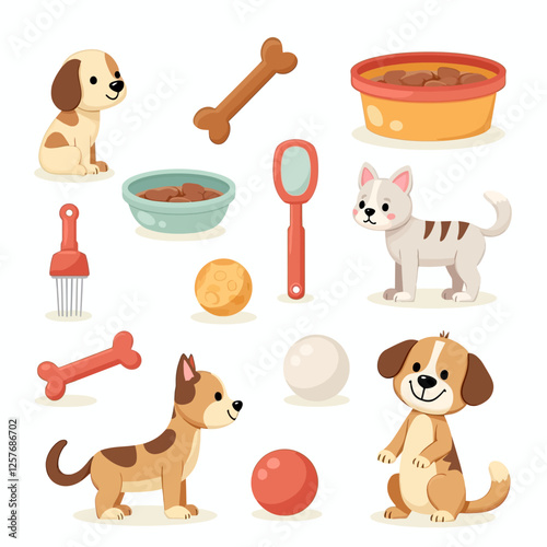 A collection of cute dogs, cats, and pet accessories like bowls, toys, and bones. Perfect for pet care, animal lovers, and pet shop themes.
