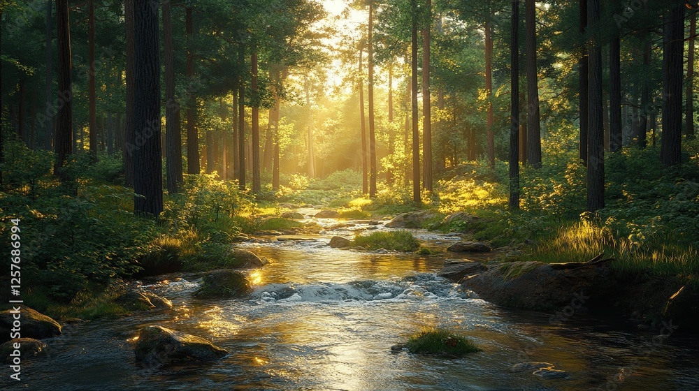 Fototapeta premium Golden Sunlight Illuminates Forest Stream And Trees