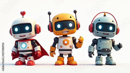 A collection of three diverse and uniquely designed robots with expressive faces. Ideal for AI, robotics, and futuristic innovation themes.