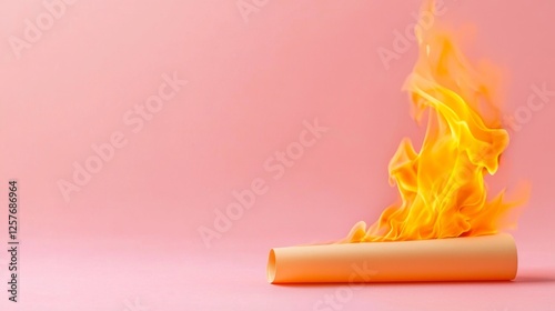 A roll of paper on fire on a pink background