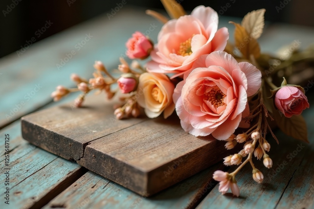 Fototapeta premium Rustic wooden surface adorned with a delicate arrangement of pastel pink blossoms, showcasing their soft petals and gentle beauty