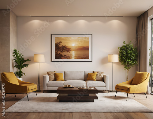 Modern Living Room Interior with ISO A Paper Size Poster Mockup – Elegant 3D Render Design photo