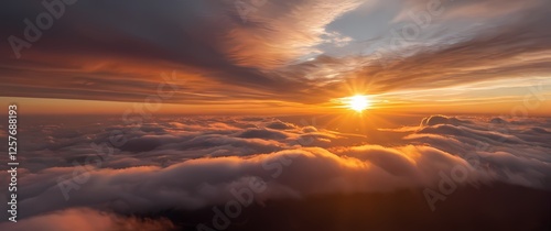 Wispy clouds tinged with colors as the sun dips below the horizon inviting meditation and admiration for the beauty of days end photo