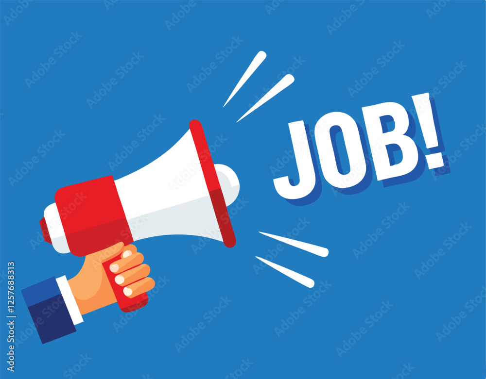 Hand hold megaphone. Job. Flat style. Vector