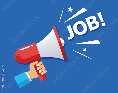 Hand hold megaphone. Job. Flat style. Vector