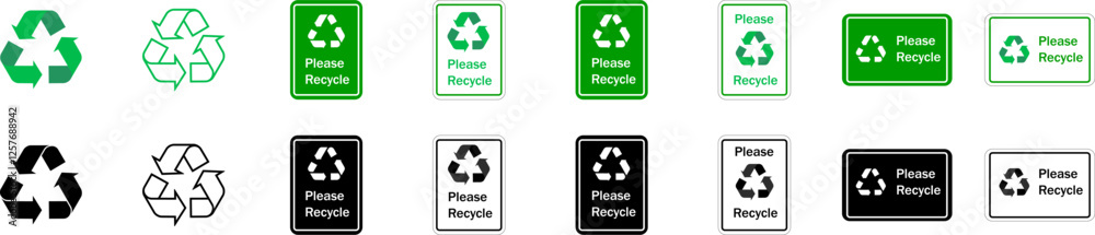 Please recycle street green and black signs for public places. Recycle green and black arrows pictogram on white background. Isolated vector illustration