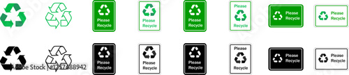 Please recycle street green and black signs for public places. Recycle green and black arrows pictogram on white background. Isolated vector illustration