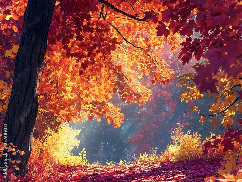 A vibrant autumn forest with leaves in shades of red orange and yellow A vibrant autumn forest with leaves in shades of red orange and yellow