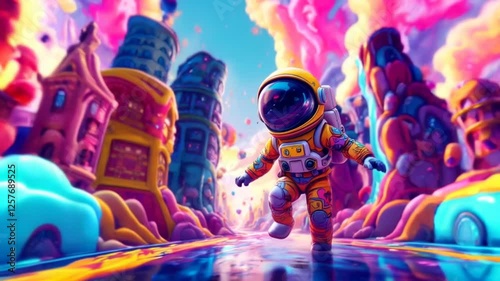 Astronaut Running Through Vibrant Colorful Psychedelic Dreamlike Cityscape