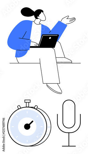 Person holding a laptop, gesturing while speaking. Stopwatch symbolizes time, and microphone suggests communication or recording. Ideal for productivity, teamwork, project planning, time management