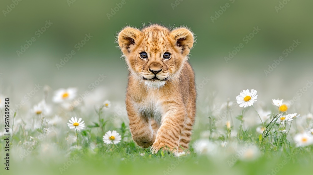Obraz premium A small lion cub walking through a field of daisies