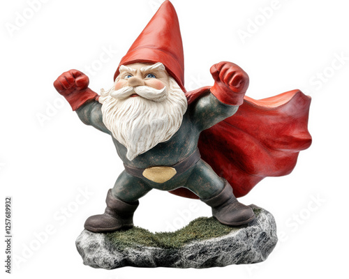 funny garden gnome pretending to be superhero with red cape and fists raised. This whimsical decoration adds charm and humor to any outdoor space photo