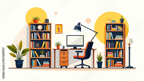 A cozy and stylish home office with books, plants, and a computer setup. Perfect for remote work, productivity, and work-from-home concepts.