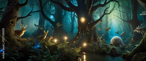 Whimsical creatures depicted in a forest fantasy mural inviting curiosity and imagination into a world filled with magic and storytelling photo