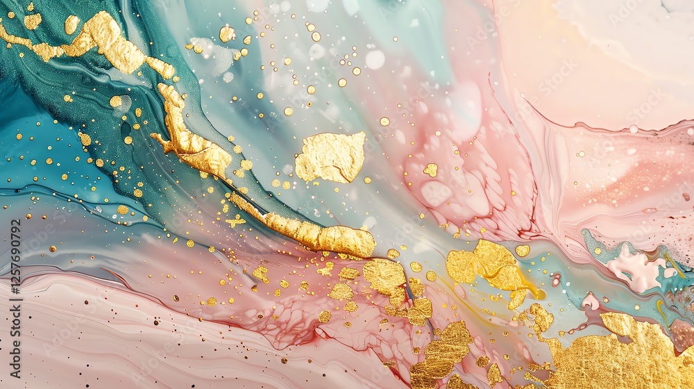 Naklejka premium Abstract painting with a beautiful mix of colors and gold flecks. The painting has a very calming and soothing effect.
