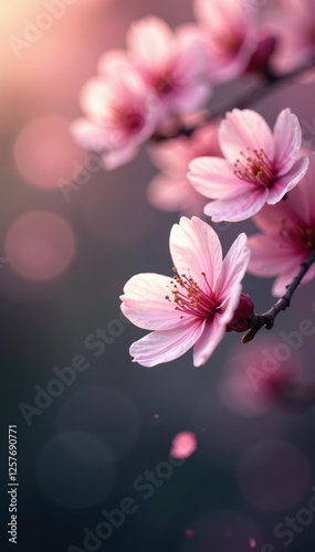 Soft pink sakura petals gently descend against a blurred background , cherry blossom, romantic
