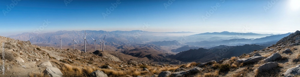 Panoramic View of Wind Turbines in Mountainous Desert Landscape Panoramic View of Wind Turbines in Mountainous Desert Landscape