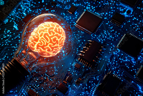 Glowing brains inside light bulb on microchip circuit board with blue light.