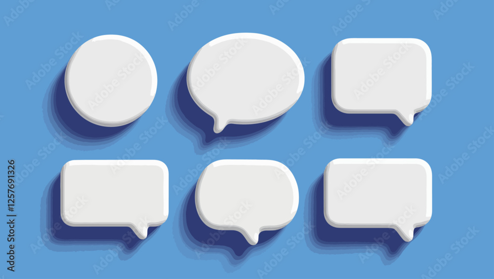 A set of white 3D speech bubbles on a blue background, ideal for chat, social media, and messaging-related concepts. A set of white 3D speech bubbles on a blue background, ideal for chat, social media, and messaging-related concepts.