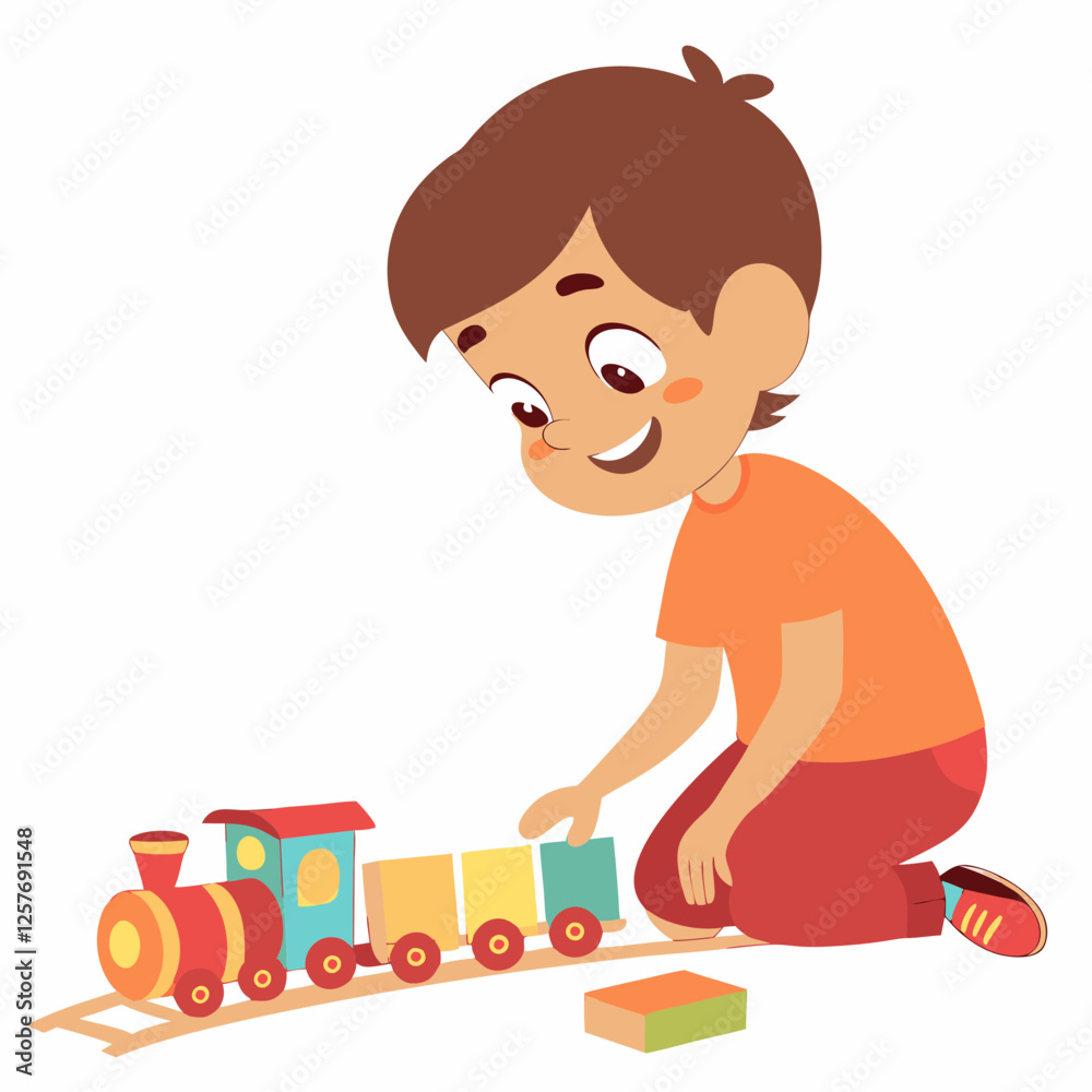 Joyful Child Playing with Colorful Wooden Train Toy Joyful Child Playing with Colorful Wooden Train Toy