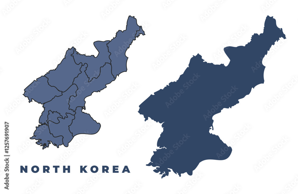 Fototapeta premium North Korea flat and outline vector map set