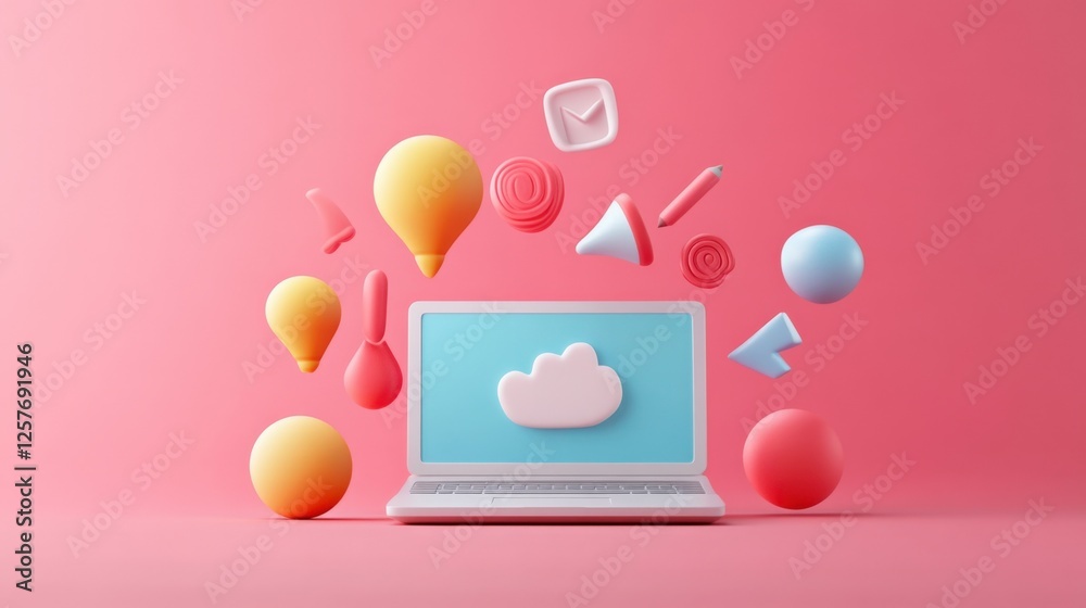 3d cloud computing laptop with floating icons on pink background 3d cloud computing laptop with floating icons on pink background