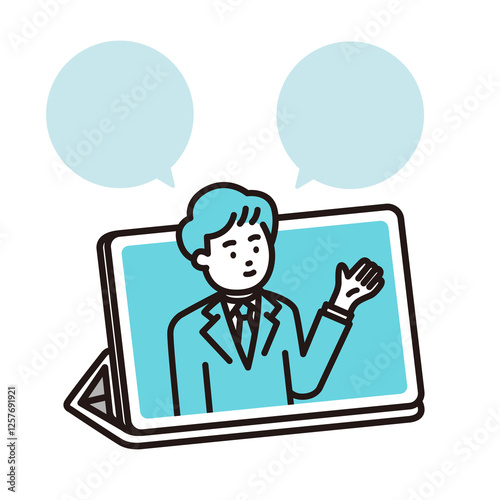 タブレットから説明する若い会社員