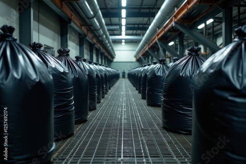 Rows of Large Black Waste Bags in an Industrial Setting