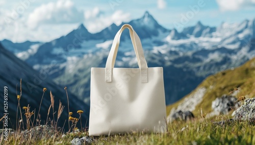 Canvas Tote Bag in Mountain Landscape:  A blank canvas tote bag stands out against the backdrop of snow-capped mountains, presenting a vibrant and minimalist canvas for your brand message or design. photo