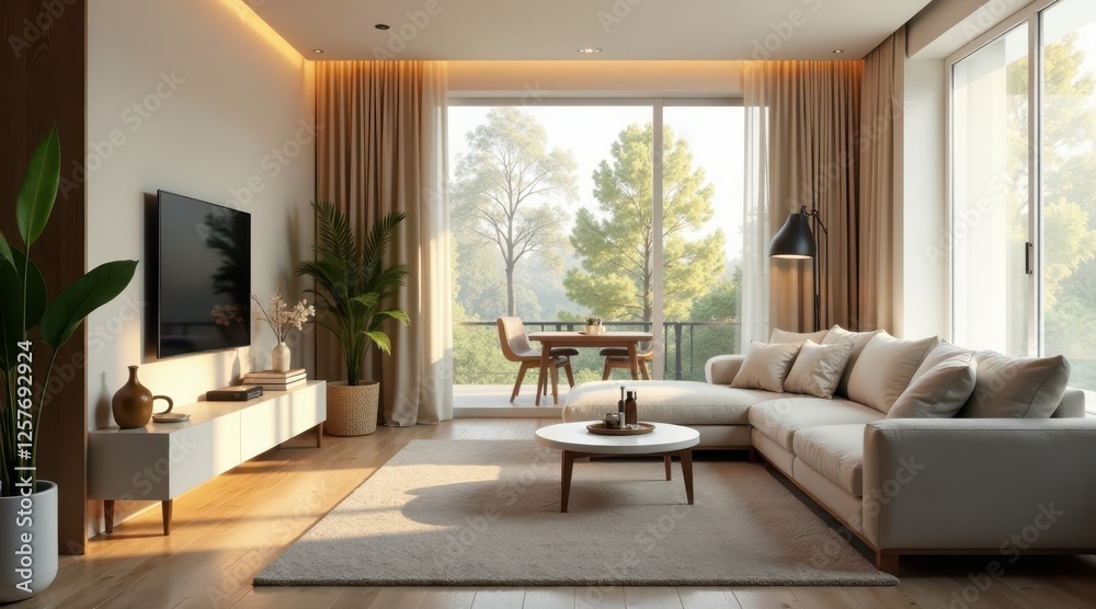 Fototapeta premium Serene Modern Living Room Design with Neutral Tones and Expansive Window Views