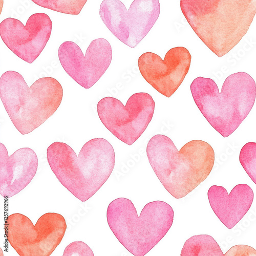 A watercolor pattern of soft pink and peach hearts scattered across a white canvas, radiating warmth and charm.