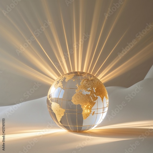 Transparent Globe with Golden Map and Radiating Light on Smooth White Surface.A Visual Composition of a Transparent Globe with Golden Map.A  Image Shows a Sphere with Gold Map and Light Radiating