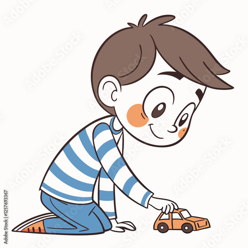 Playful Boy Kneeling with Toy Car Illustration