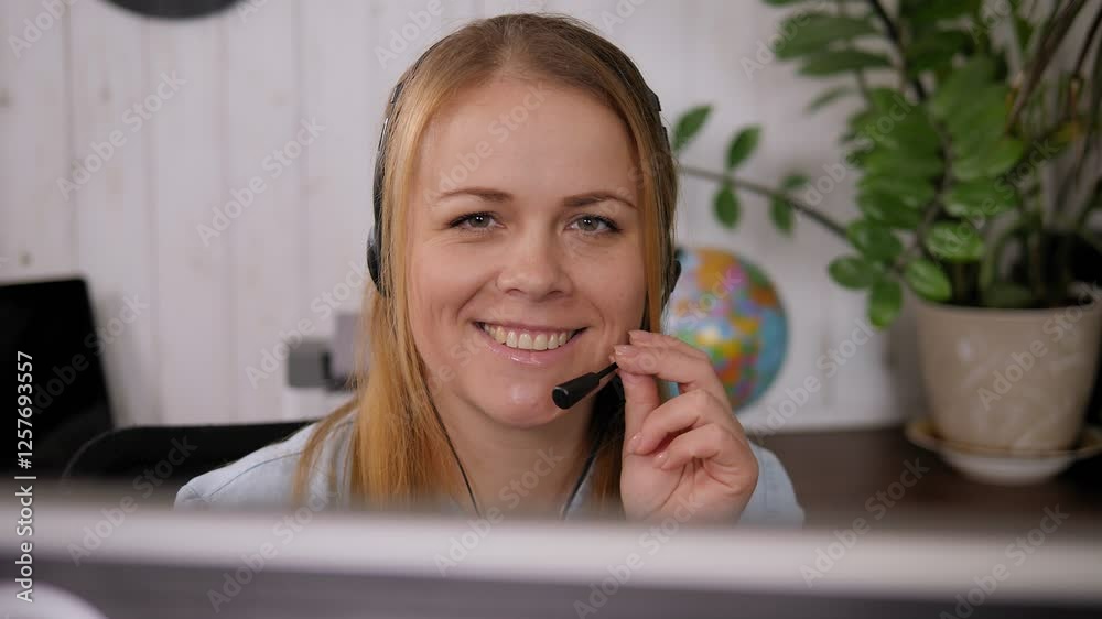Smiling blond woman is having a video call with a client or colleague using a wireless connection. Portrait of a sales agent or call center worker in headphones with a microphone in a modern office.