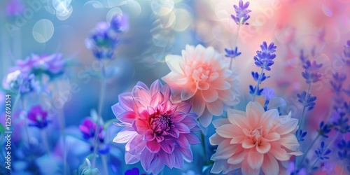 pink purple lavender and dahlia flowers in nature with soft focus and atmospheric volumetric lighting blur background