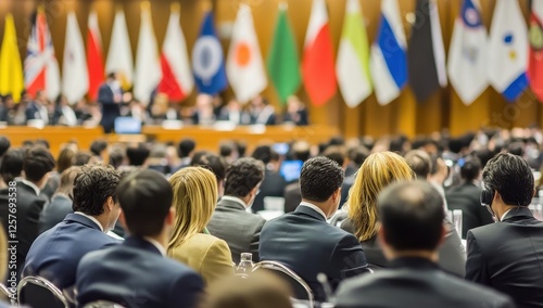 Global Dialogue: A diverse audience attentively listens to a speaker at a conference hall, with flags of various nations displayed in the background, symbolizing global unity and communication.