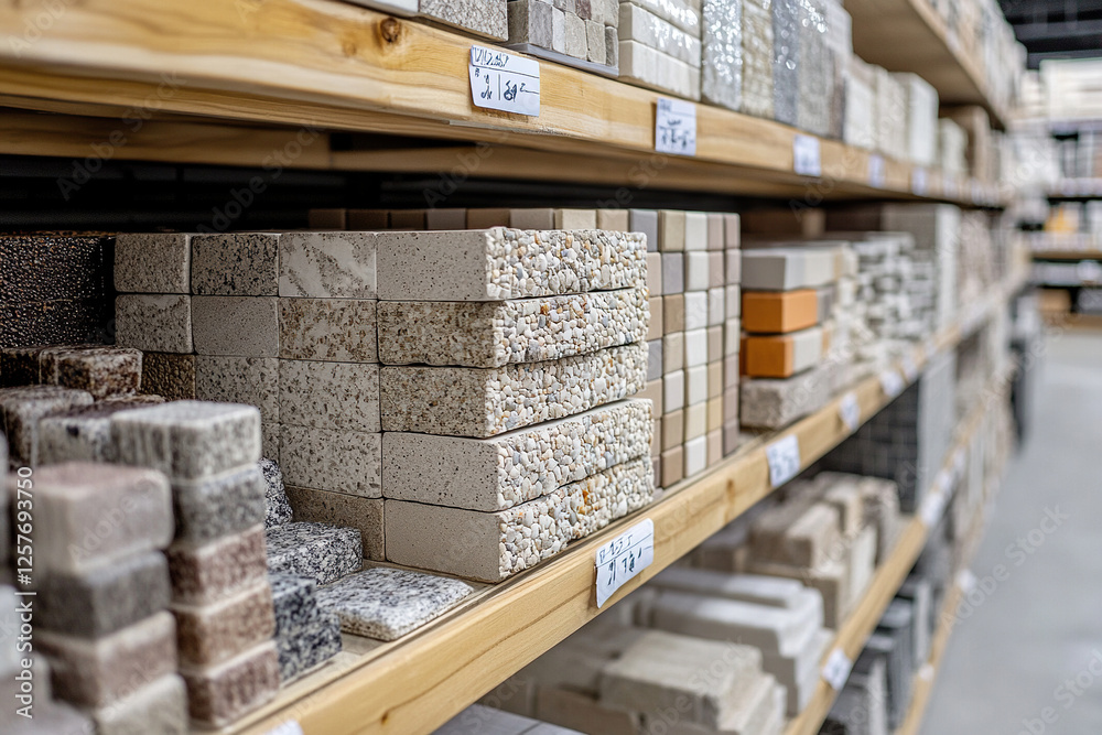 Shelves with samples of wall finishing materials in a hardware store. Shelves with samples of wall finishing materials in a hardware store.