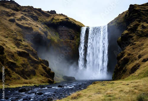 Sk?gafoss Waterfall: Majestic cascading waters amidst rugged mossy Icelandic landscape