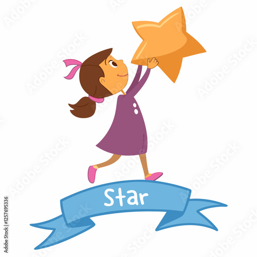 Little Girl Reaching for a Golden Star Dream Illustration