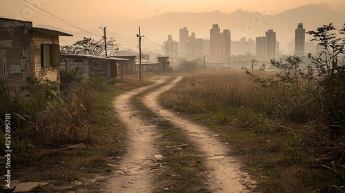 Rural road curves towards hazy city skyline at dawn; rural-urban contrast photo