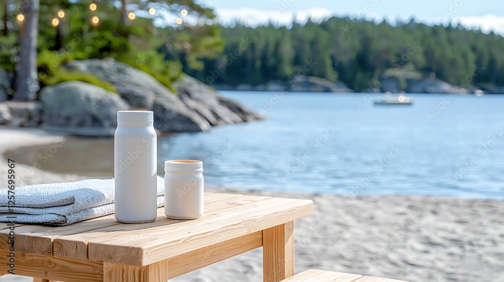 Wooden Table With White Containers On Beach At Lakeside Wooden Table With White Containers On Beach At Lakeside