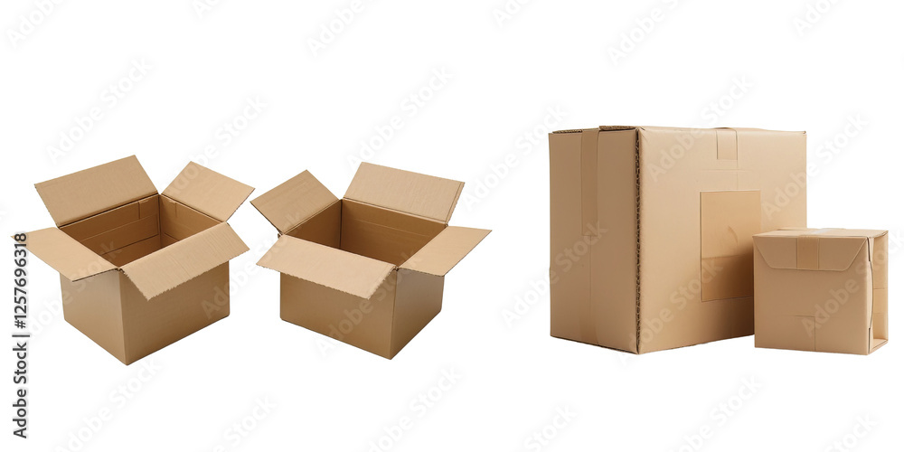 Fototapeta premium Two open and closed cardboard boxes with flaps spread out on a white background