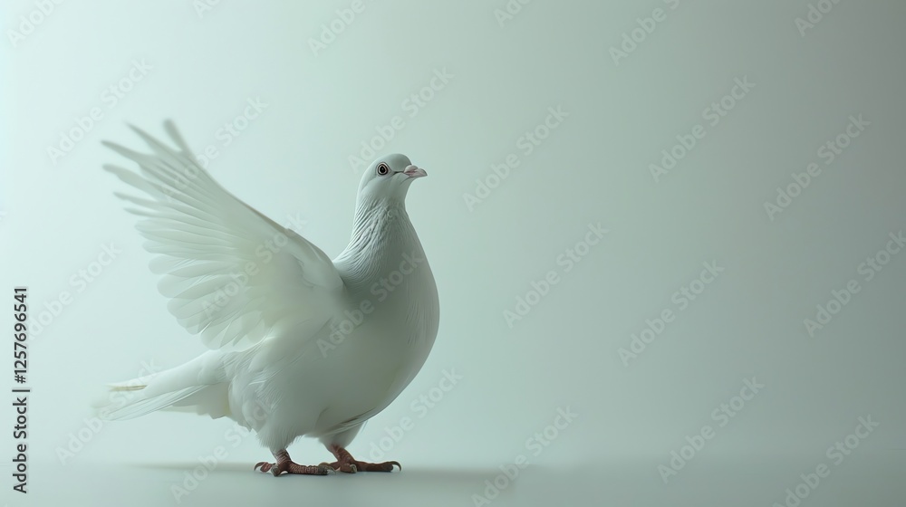 Fototapeta premium A beautiful white dove with outstretched wings. The dove is standing on a white surface against a pale green background.