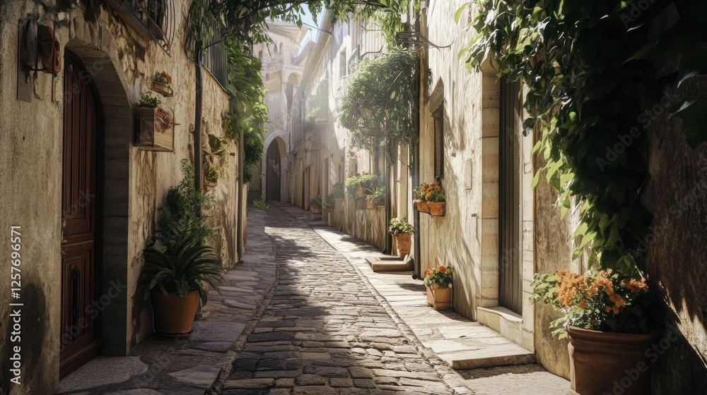 Fototapeta premium Sunlit cobblestone alleyway in historic European town. (1)