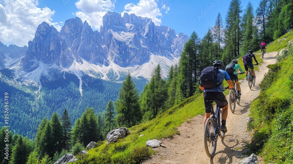 Fototapeta premium A group of mountain bikers ride on scenic trail with majestic peak views